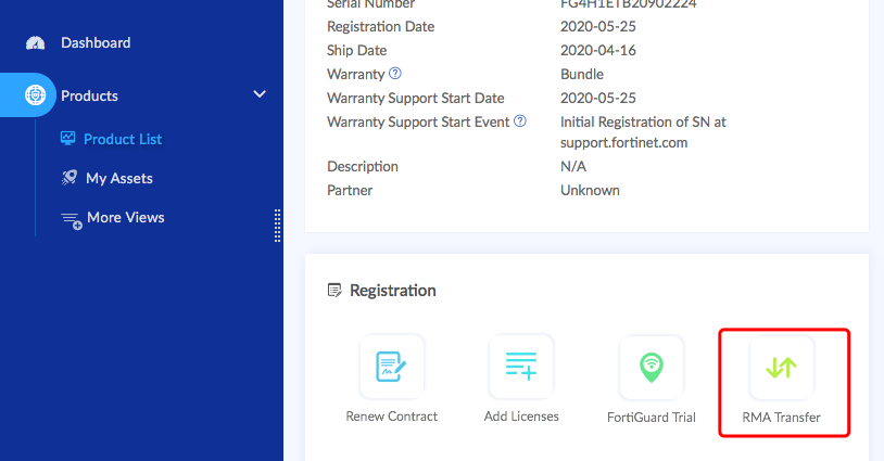 设备详情页中的 RMA Transfer 按钮